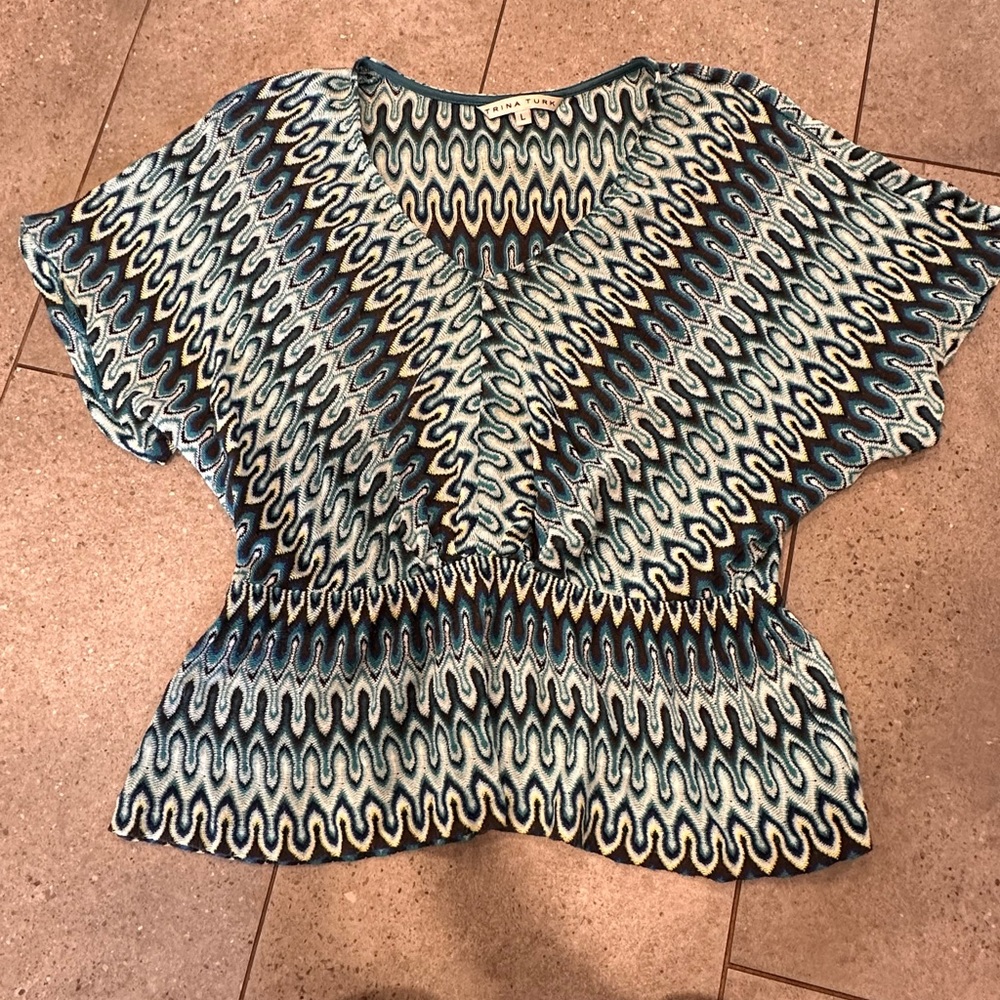 Trina Turk Blue and White Patterned Blouse